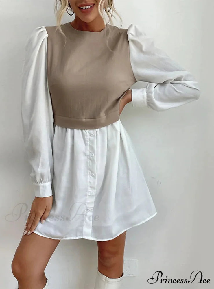 Bubble Sleeve Stitching Shirt Dress with Round Neck M / khaki