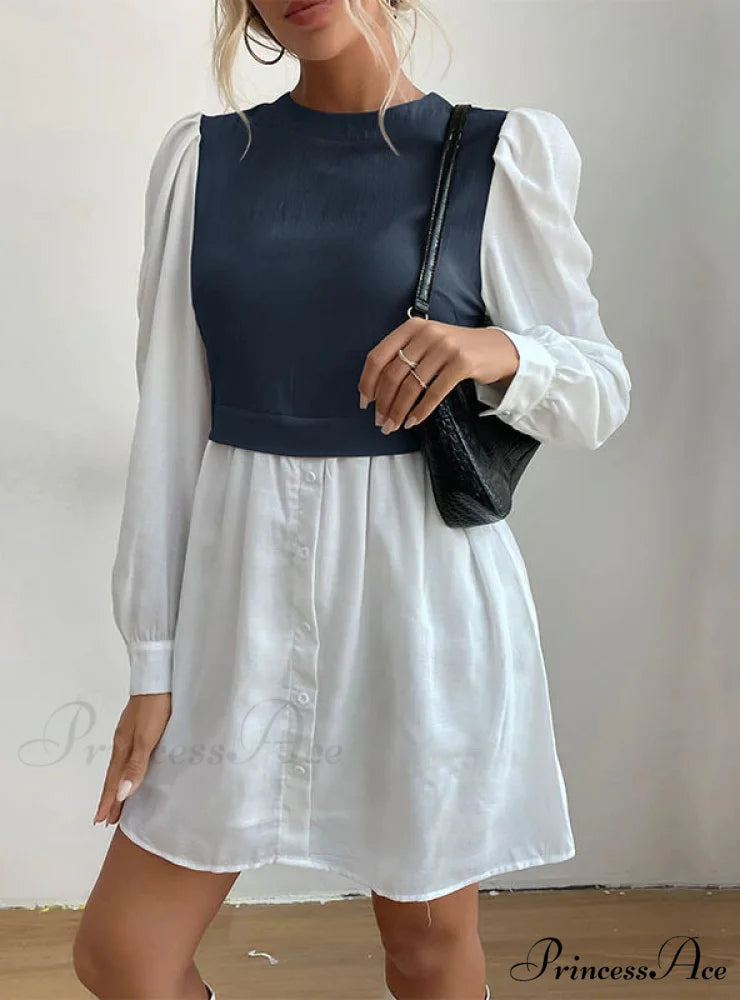 Bubble Sleeve Stitching Shirt Dress with Round Neck M / navy blue