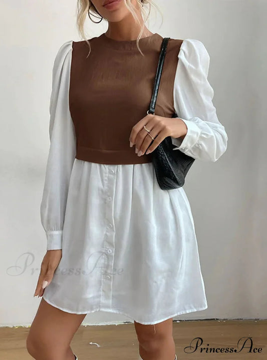 Bubble Sleeve Stitching Shirt Dress with Round Neck S / khaki