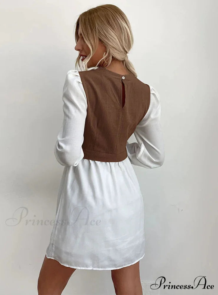 Bubble Sleeve Stitching Shirt Dress with Round Neck S / navy blue