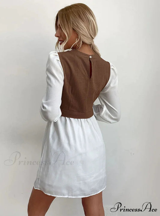 Bubble Sleeve Stitching Shirt Dress with Round Neck S / navy blue