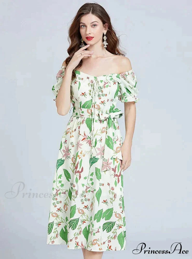 Bubble Slim Green Arm Waist Design Dress