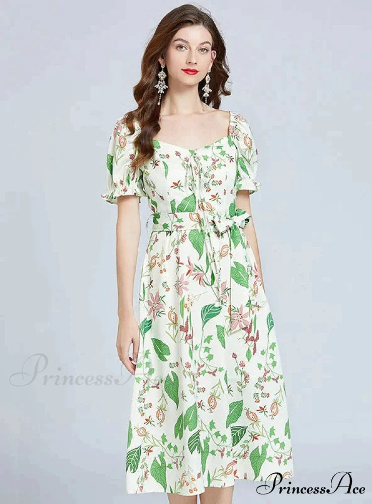 Bubble Slim Green Arm Waist Design Dress