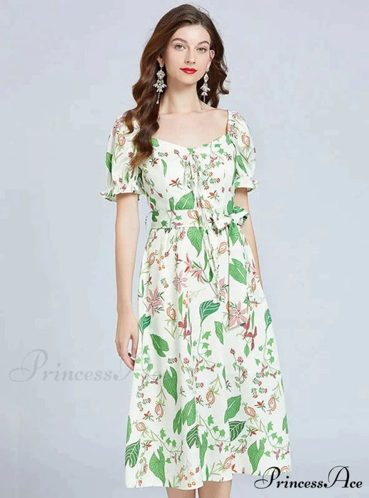 Bubble Slim Green Arm Waist Design Dress