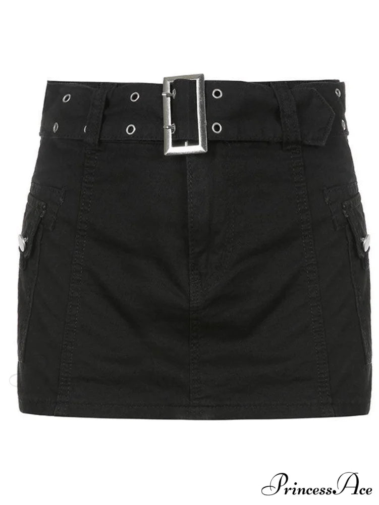 Buckle Belt Denim Trendy Pleated Mini Skirt