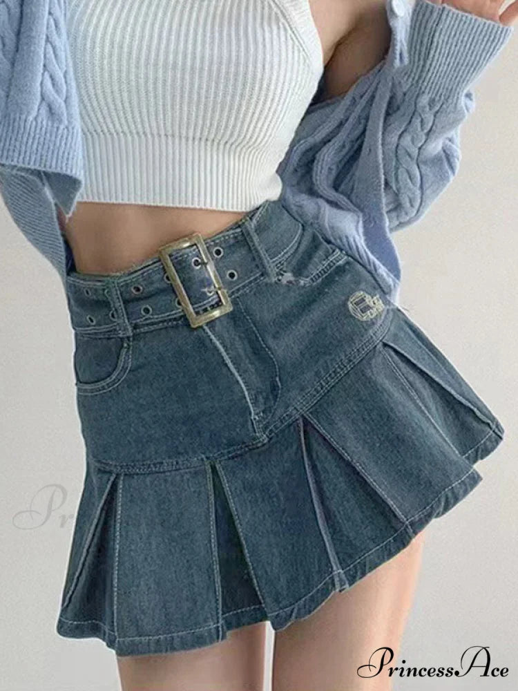 Buckle Belt Low Trendy Waist Denim Mini Skirt