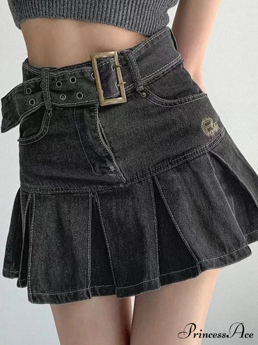 Buckle Belt Low Trendy Waist Denim Mini Skirt Black / S