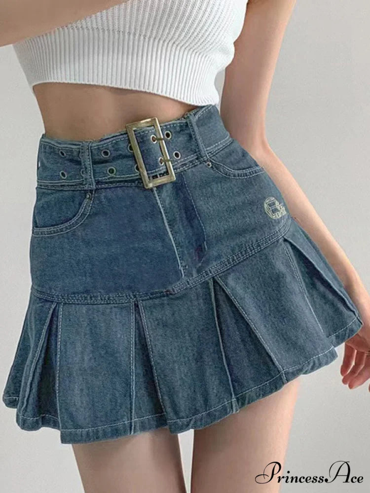 Buckle Belt Low Trendy Waist Denim Mini Skirt Blue / S