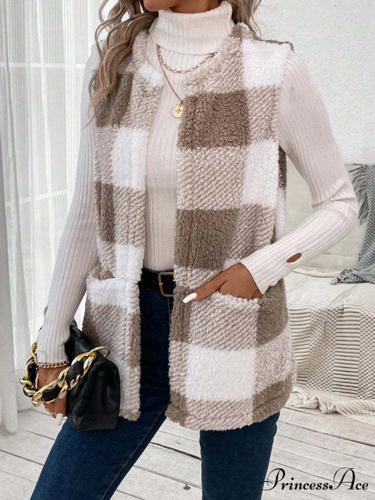 Buffalo Plaid Print Open Front Teddy Vest Coat