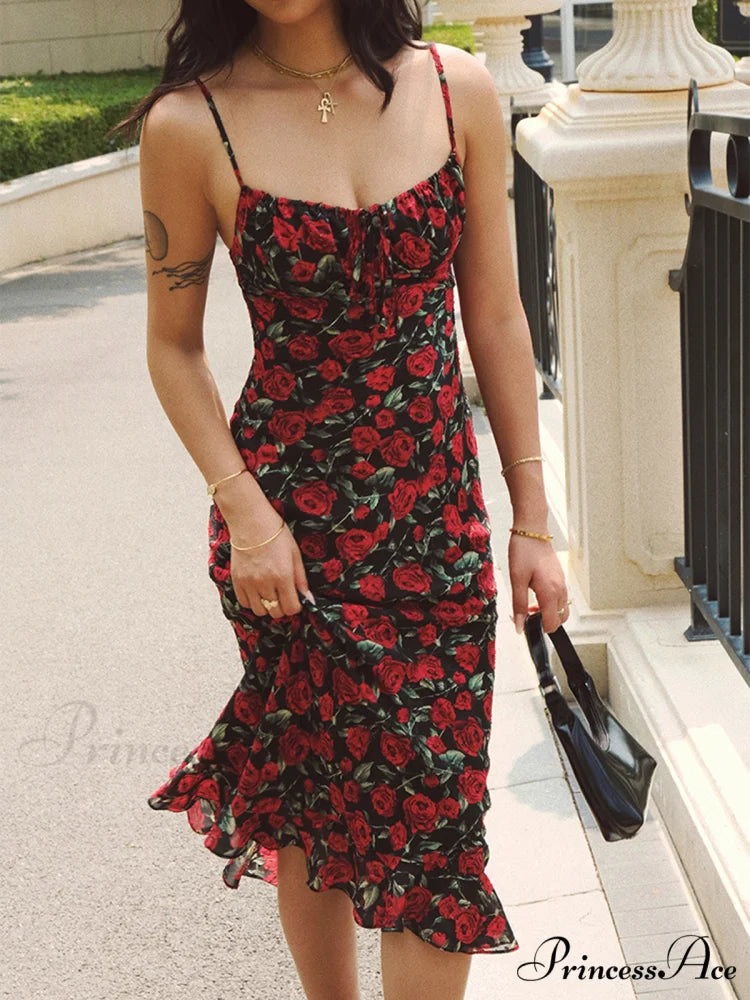 Bulgarian Roses Floral Trendy Cami Long Dress Black / XS