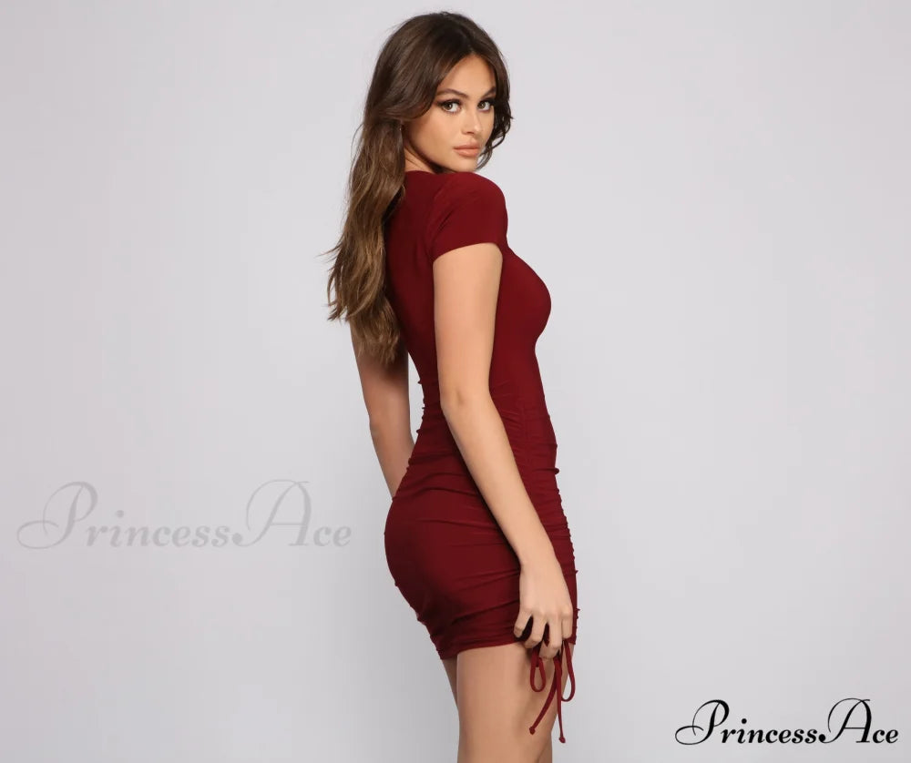 Bungee Drawstring Side Charming Seam Knit Mini Dress