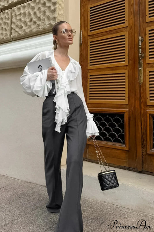 Burgundy Chiffon Ruffled V Neck Tie Blouse