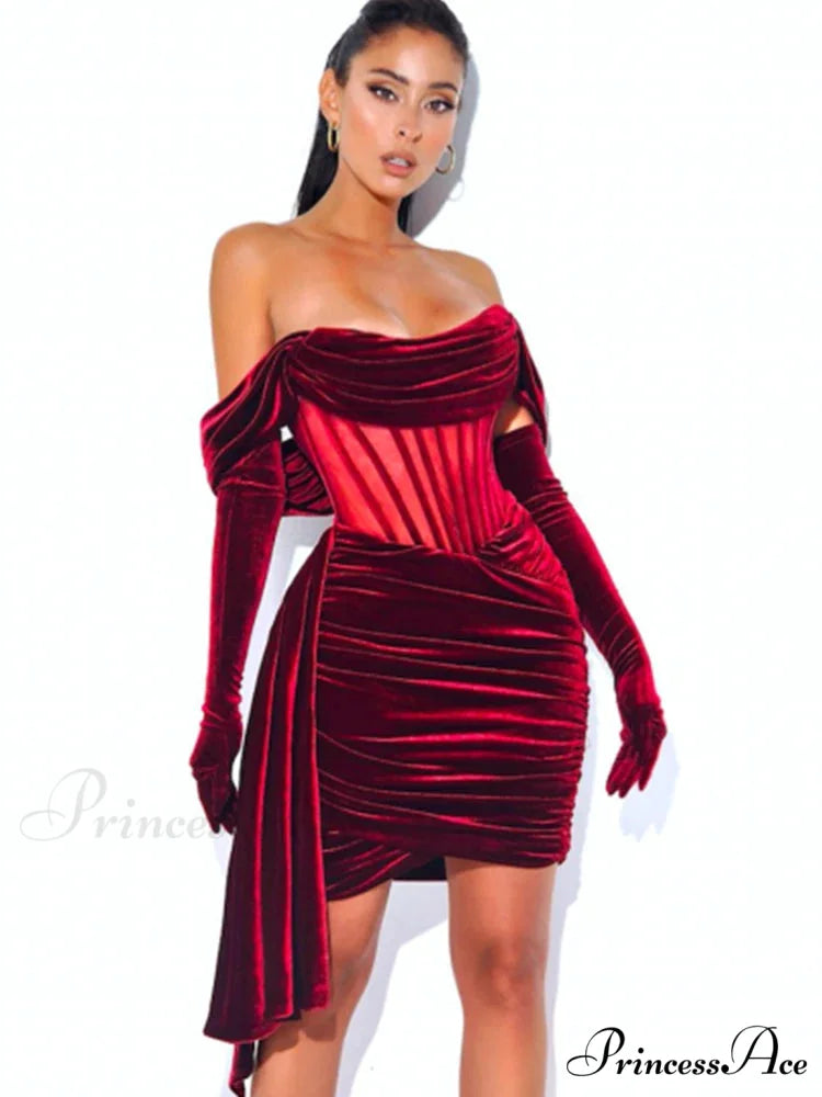 Burgundy Draping Off Shoulder Corset Sexy Velvet Slim Bodycon Mini Christmas Party Dress RED / S