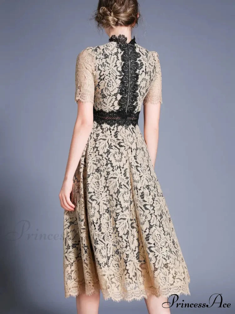 Burgundy Lace Dress with Short Sleeves and Mock Neck