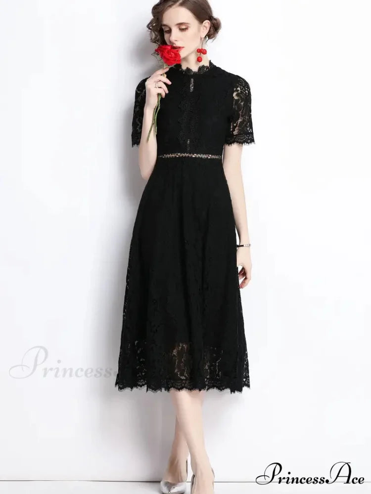 Burgundy Lace Dress with Short Sleeves and Mock Neck
