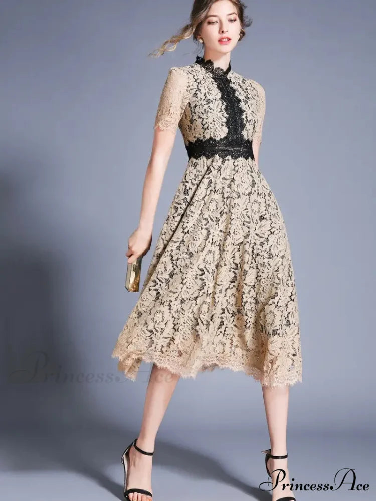 Burgundy Lace Dress with Short Sleeves and Mock Neck
