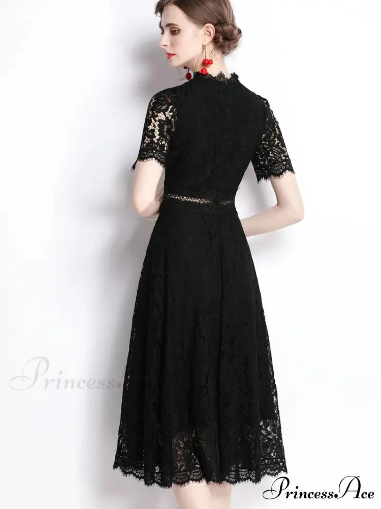Burgundy Lace Dress with Short Sleeves and Mock Neck XS / Black