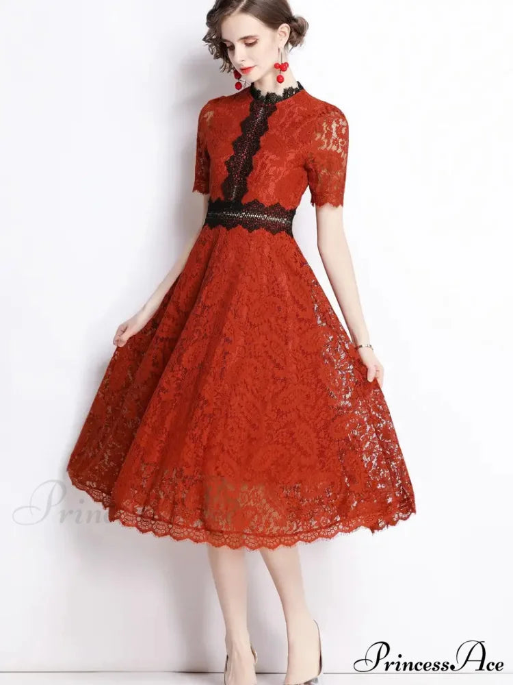 Burgundy Lace Dress with Short Sleeves and Mock Neck XS / Blue