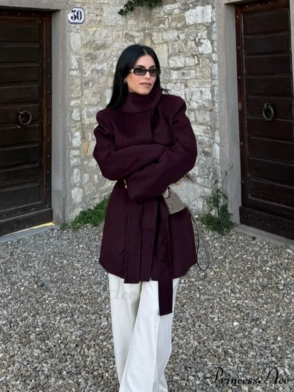 Burgundy Lace-Up Wool Coat