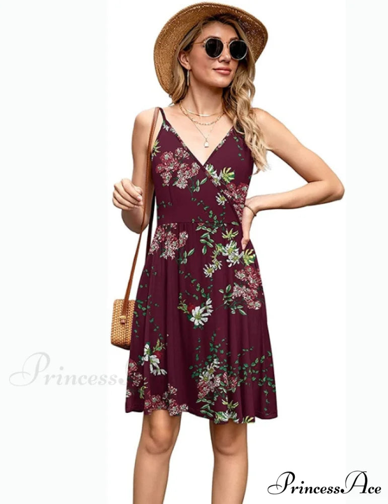 Burgundy Ladies Fashion Print V-Neck Strap Backless Satin Dress