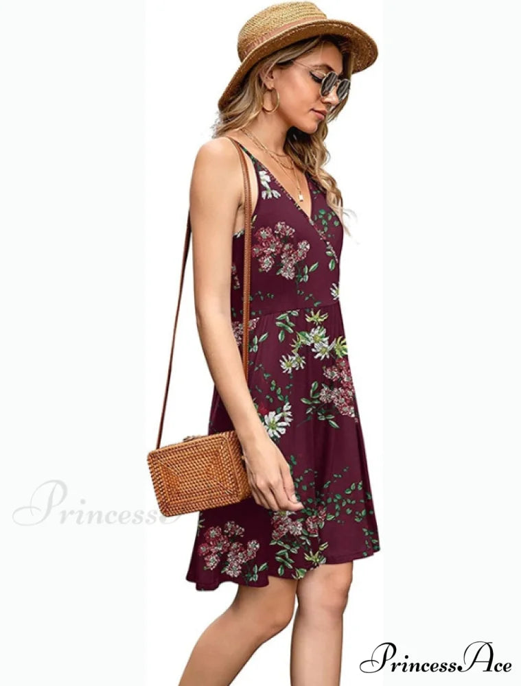 Burgundy Ladies Fashion Print V-Neck Strap Backless Satin Dress