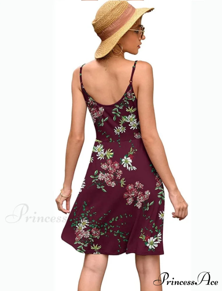 Burgundy Ladies Fashion Print V-Neck Strap Backless Satin Dress