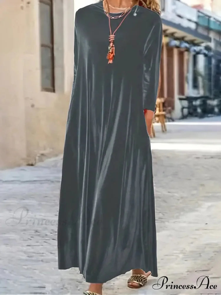 Burgundy Long Sleeve Round Neck Loose Maxi Dress with Velvet Detail L / Green