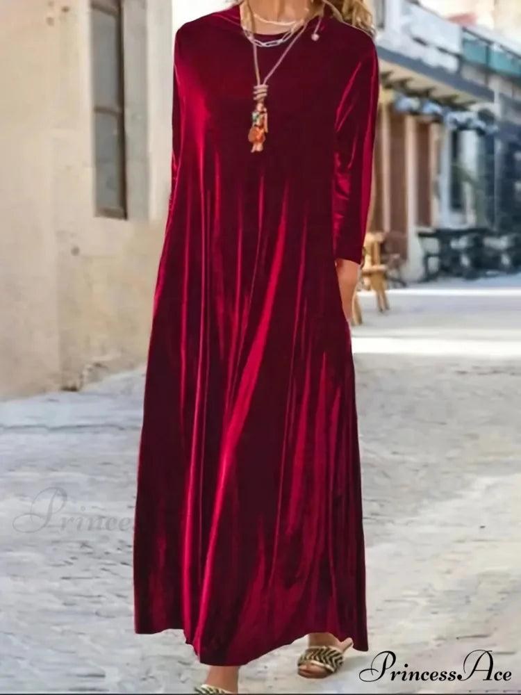 Burgundy Long Sleeve Round Neck Loose Maxi Dress with Velvet Detail M / Burgundy