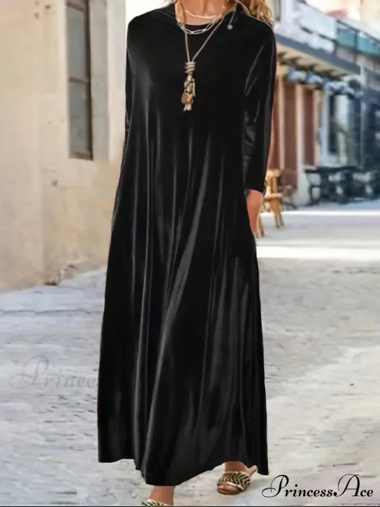 Burgundy Long Sleeve Round Neck Loose Maxi Dress with Velvet Detail M / Black