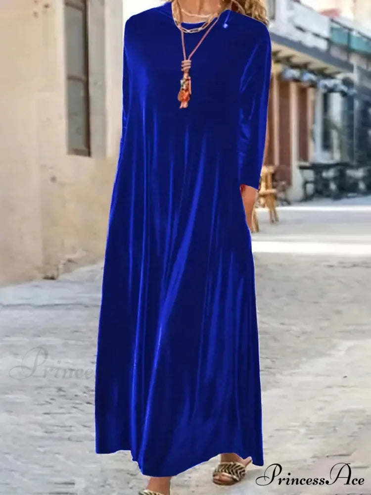 Burgundy Long Sleeve Round Neck Loose Maxi Dress with Velvet Detail M / Blue