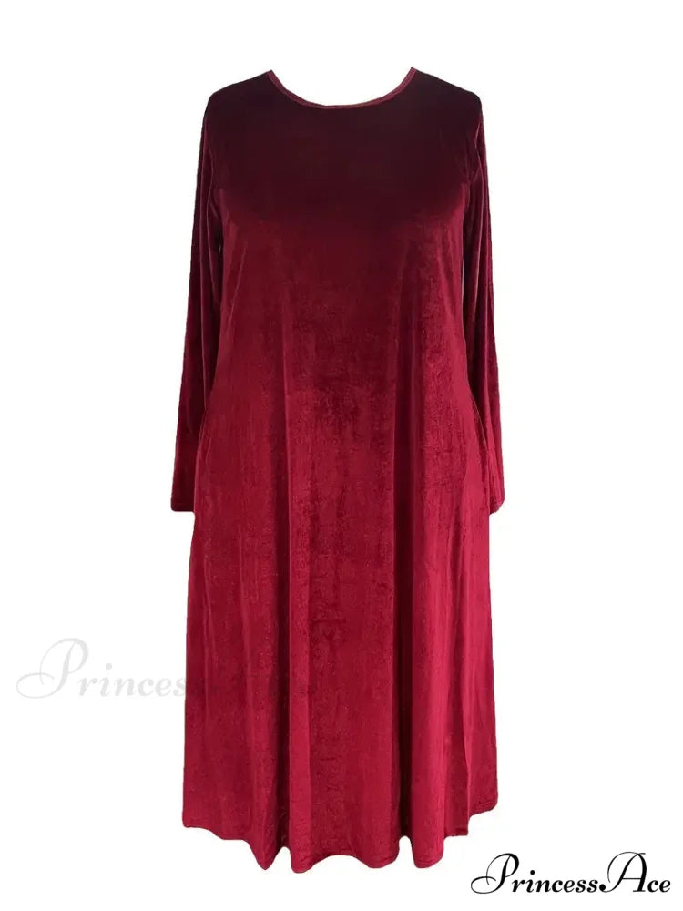 Burgundy Long Sleeve Round Neck Loose Maxi Dress with Velvet Detail M / Gray
