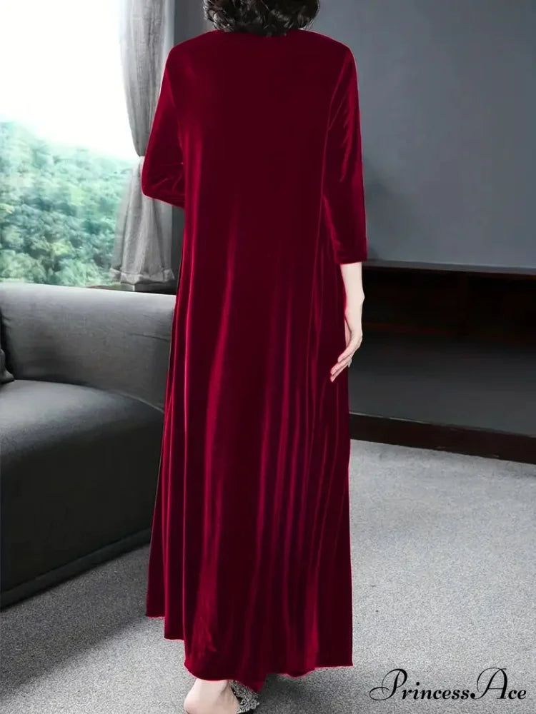 Burgundy Long Sleeve Round Neck Loose Maxi Dress with Velvet Detail M / Green