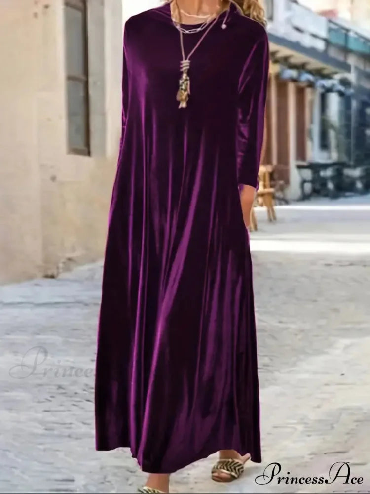Burgundy Long Sleeve Round Neck Loose Maxi Dress with Velvet Detail M / Purple