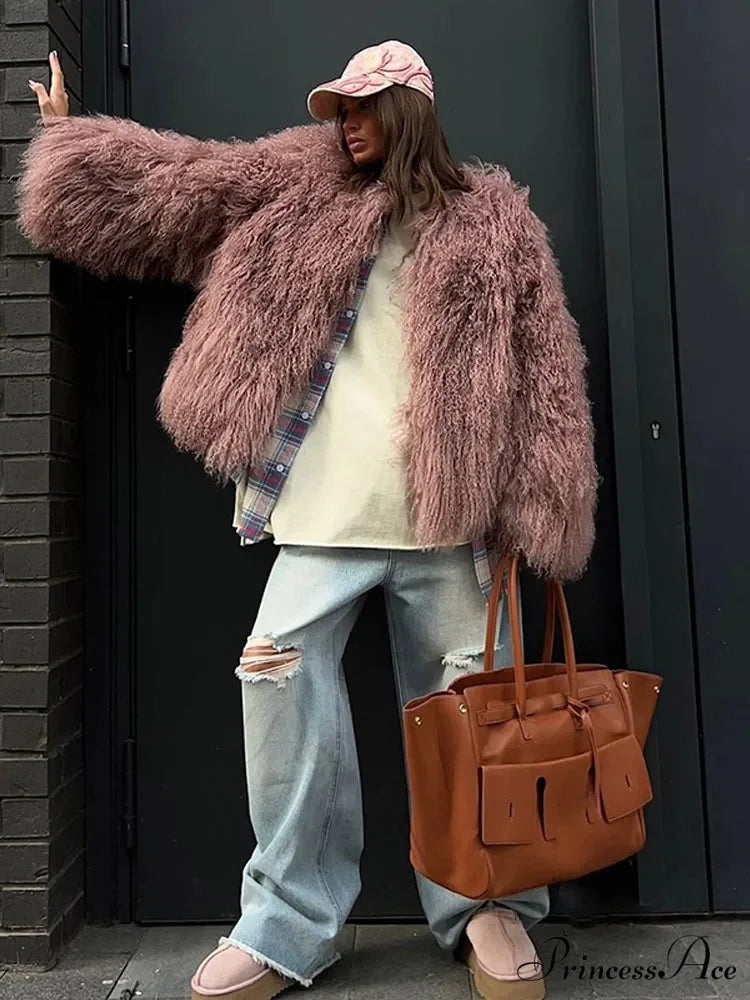 Burgundy Oversized Faux Fur Coat Grey pink / S