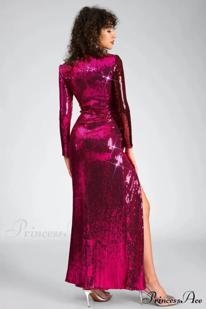 Burgundy Ruched Stylish Sequined Maxi Dress