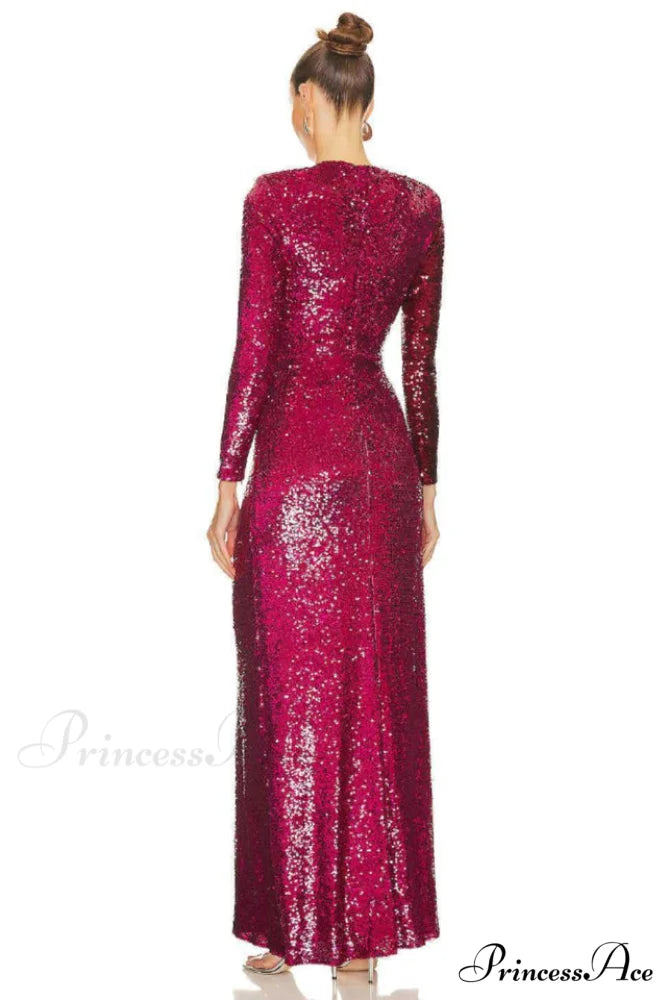 Burgundy Ruched Stylish Sequined Maxi Dress
