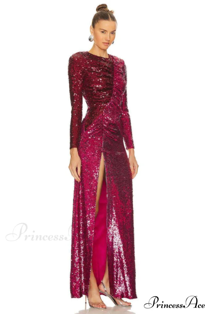 Burgundy Ruched Stylish Sequined Maxi Dress