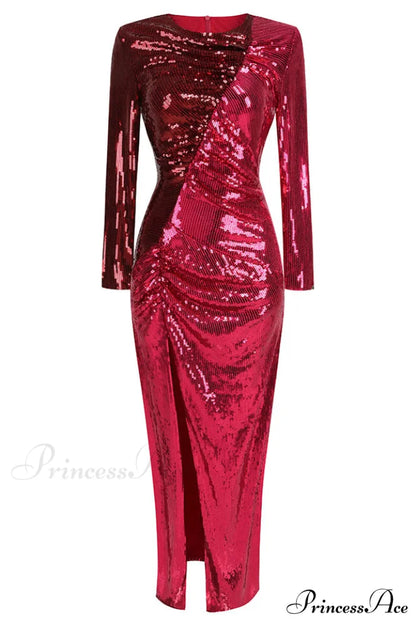 Burgundy Ruched Stylish Sequined Maxi Dress S / Burgundy