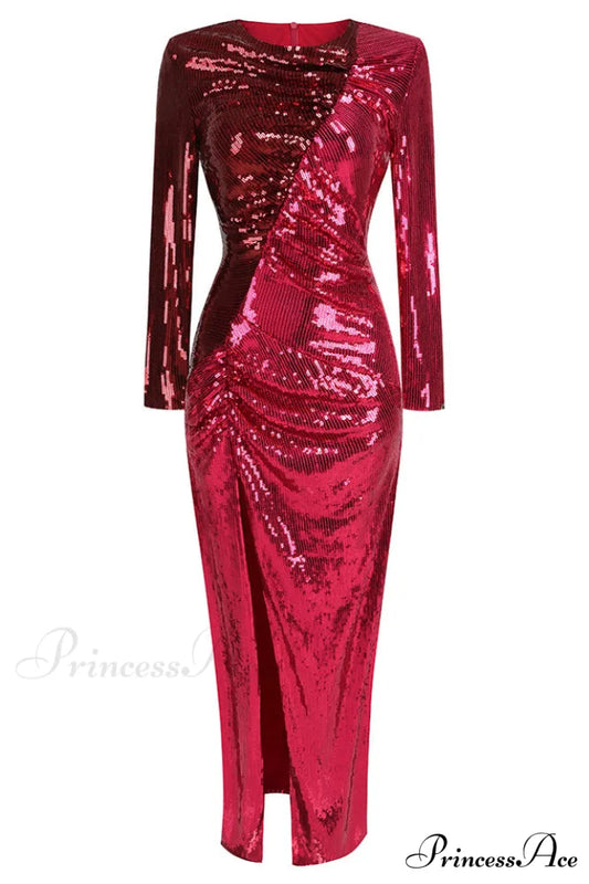 Burgundy Ruched Stylish Sequined Maxi Dress S / Burgundy
