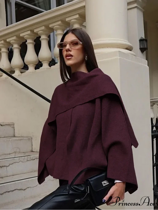 Burgundy Scarf Collar Wool Coat