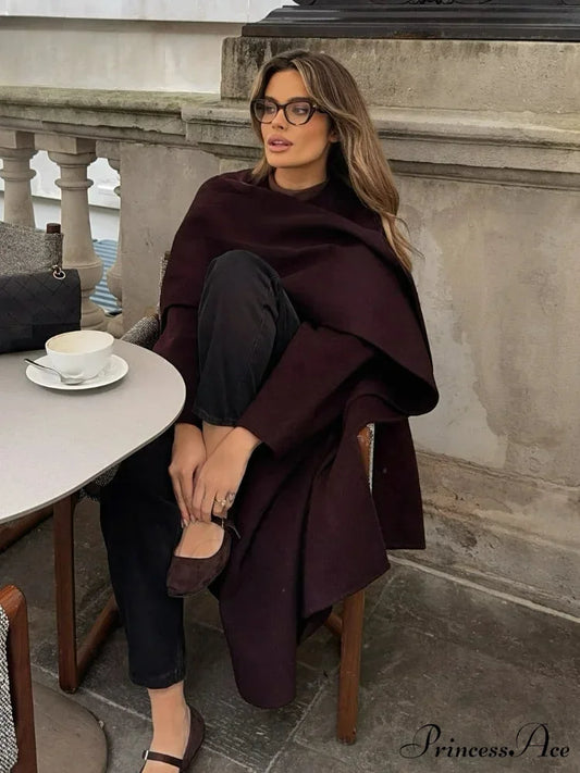 Burgundy Scarf Collar Wool Coat Burgundy / S