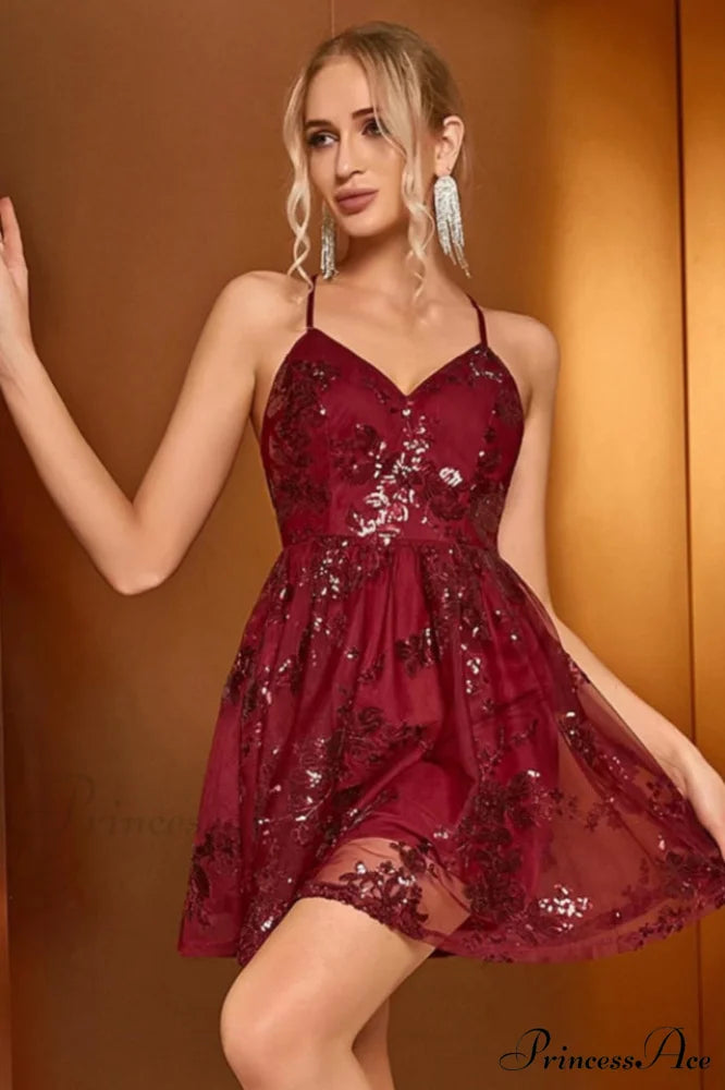 Burgundy Sequins Stylish Backless Mini Dress XS / Burgundy