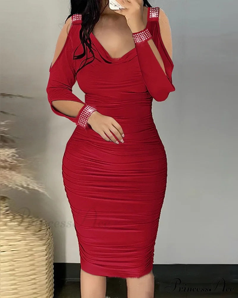 Burgundy Slim Beading Long Sleeve Bodycon Dress