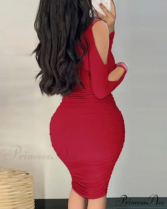 Burgundy Slim Beading Long Sleeve Bodycon Dress