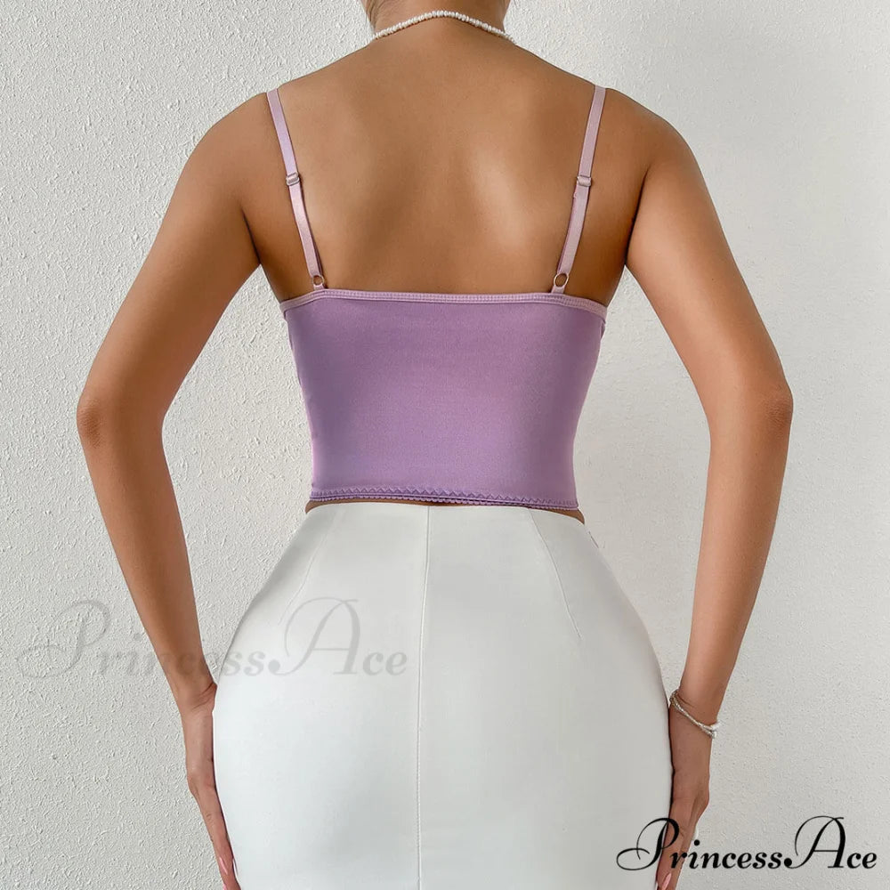 Butterfly Applique Hook and Eye Classic Silky Satin Corset Top - Champagne L / Purple