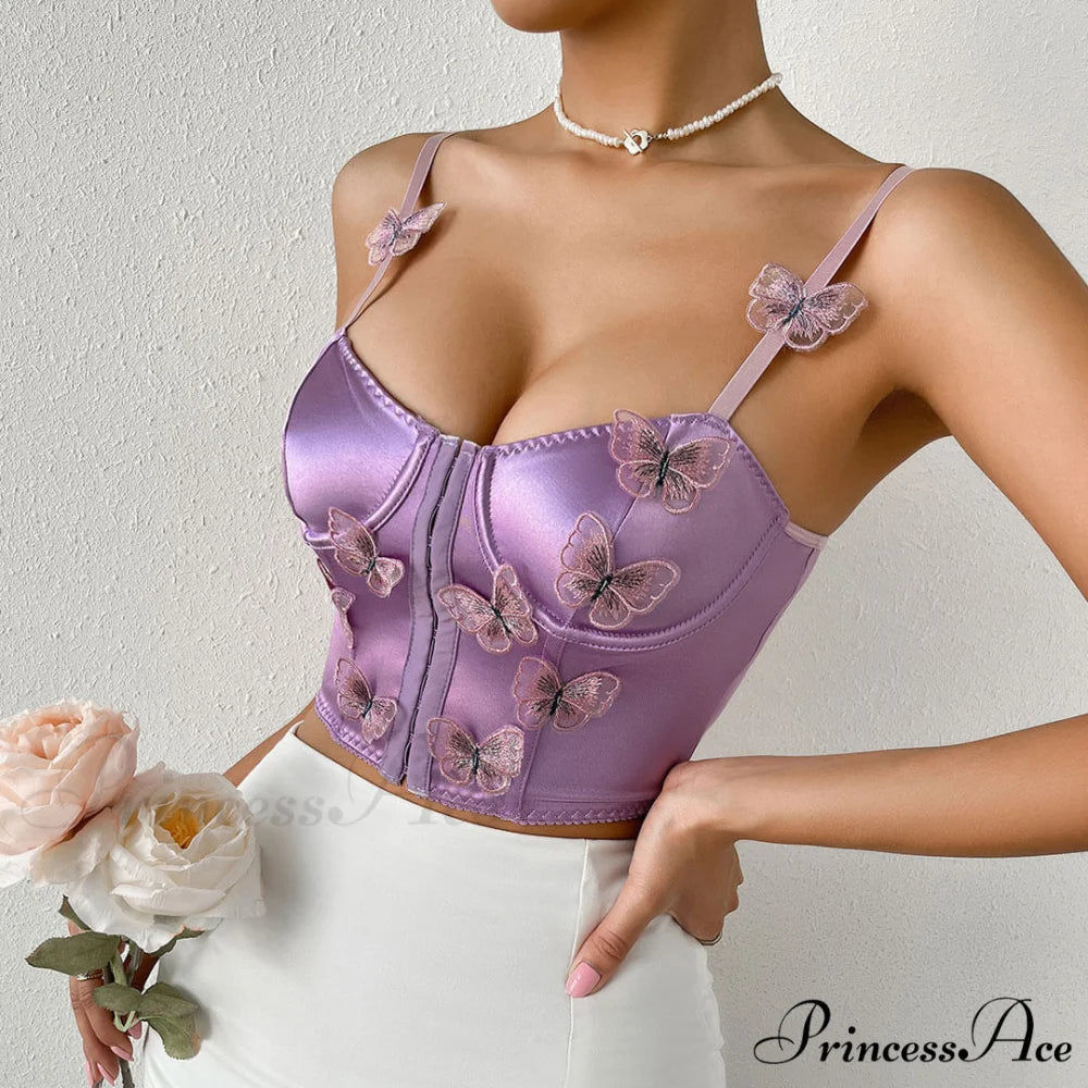 Butterfly Applique Hook and Eye Classic Silky Satin Corset Top - Champagne M / Purple