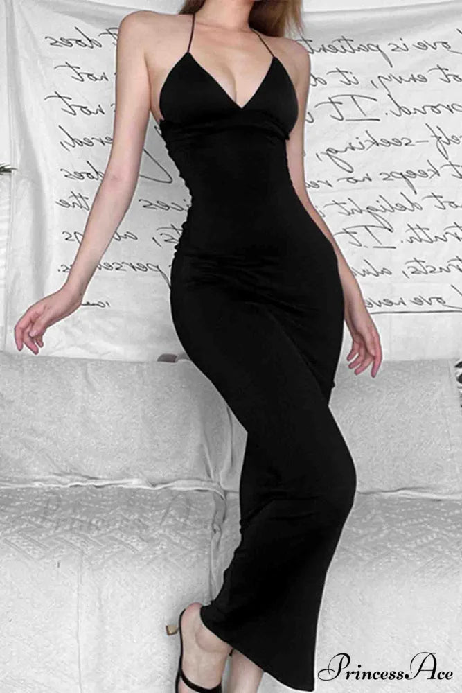 Butterfly Backless Midi Dress with Halterneck Black / L