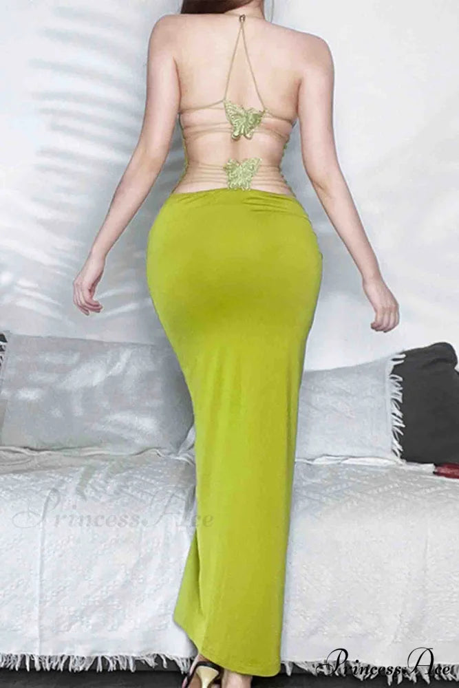 Butterfly Backless Midi Dress with Halterneck Green / S