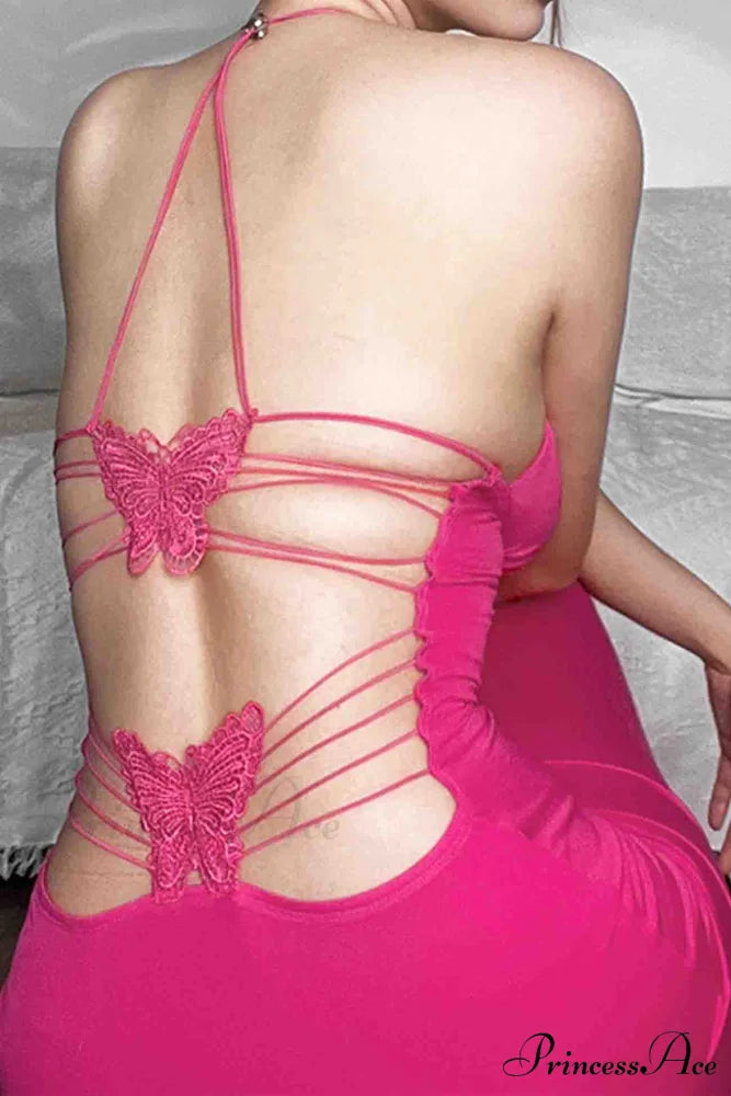 Butterfly Backless Midi Dress with Halterneck Rose / S