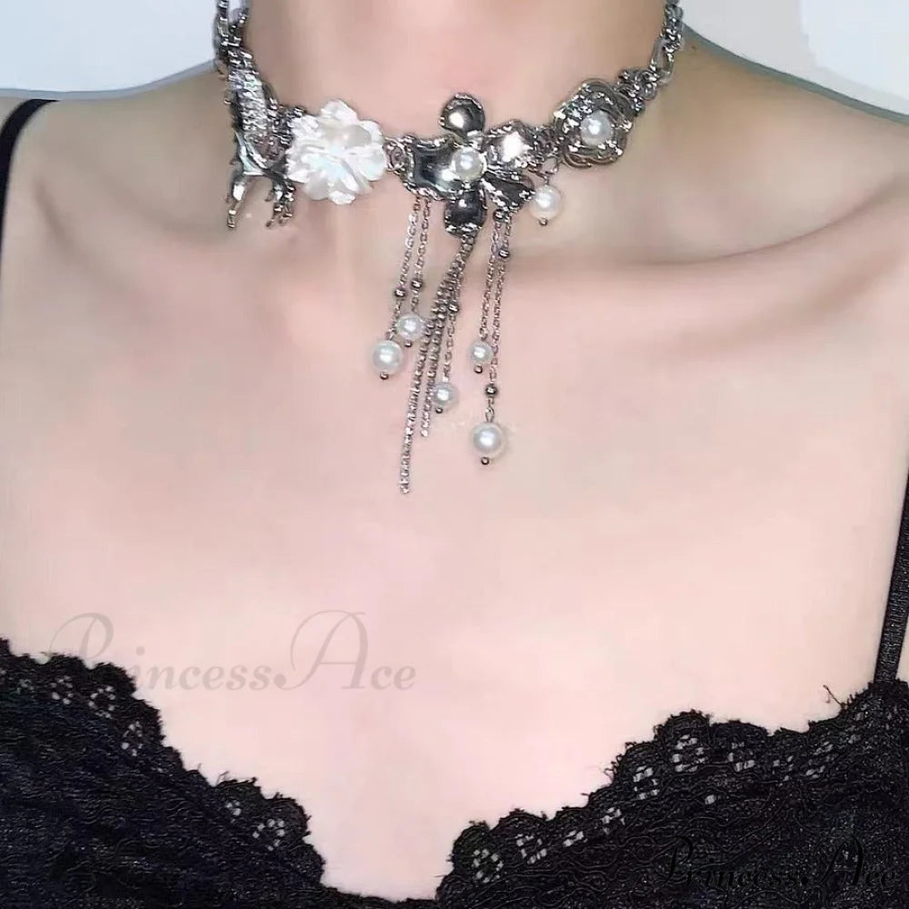 Butterfly Love Pearl Tassel Fashionable Sweet Cool Necklace SILVER
